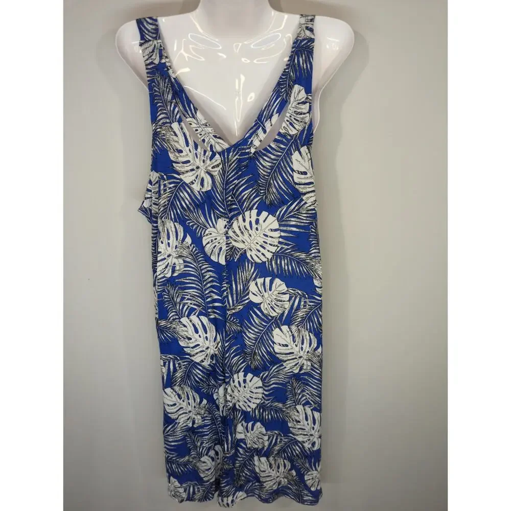 ellos Blue Tropical Scoop Neck Mini Dress‎ LARGE NWT Coastal Beachy Bohemian